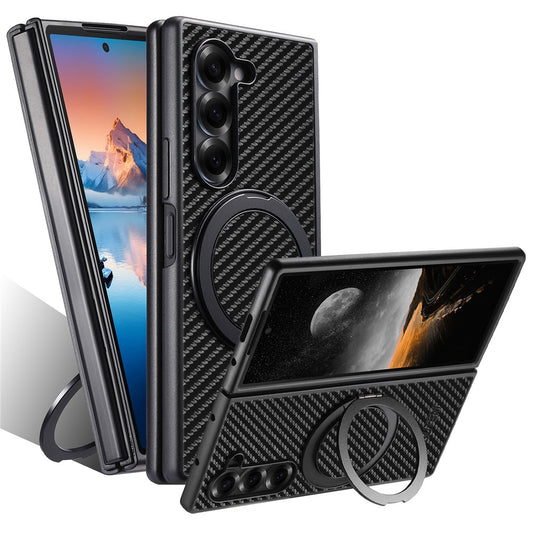 SUTENI G3 For Samsung Galaxy Z Fold7 5G Magnetic Case Rotating Kickstand Carbon Fiber Texture Leather Phone Back Cover