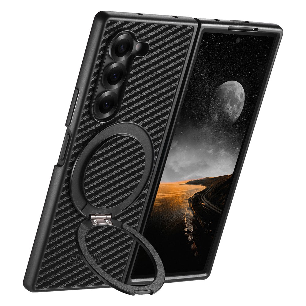 SUTENI G3 For Samsung Galaxy Z Fold7 5G Magnetic Case Rotating Kickstand Carbon Fiber Texture Leather Phone Back Cover