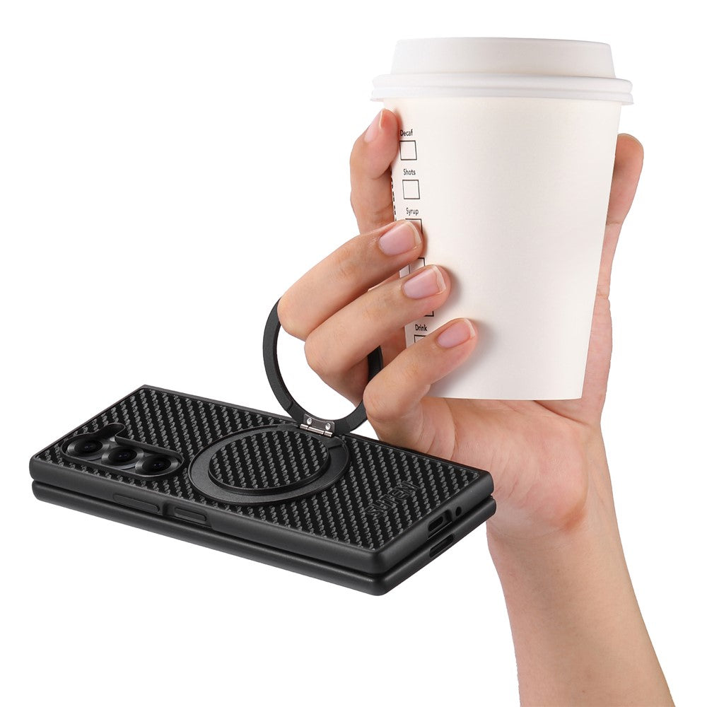 SUTENI G3 For Samsung Galaxy Z Fold7 5G Magnetic Case Rotating Kickstand Carbon Fiber Texture Leather Phone Back Cover