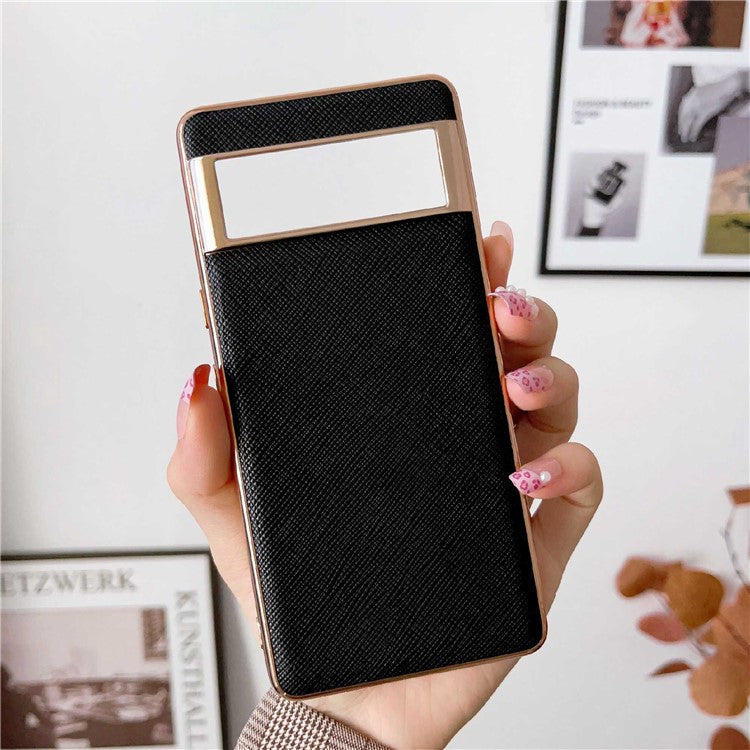 Nano Electroplating Back Cover for Google Pixel 6 Pro 5G, Cross Texture Genuine Leather Coated TPU Anti-drop Phone Case - Black