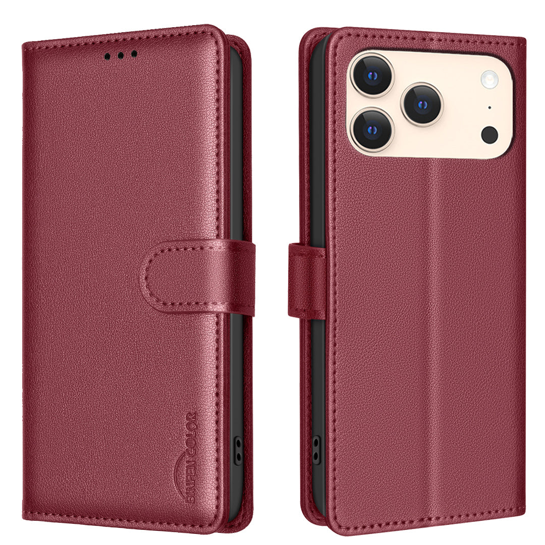 For iPhone 17 Pro Max Leather Case BINFEN COLOR BF32 Wallet RFID Blocking Phone Cover - Red