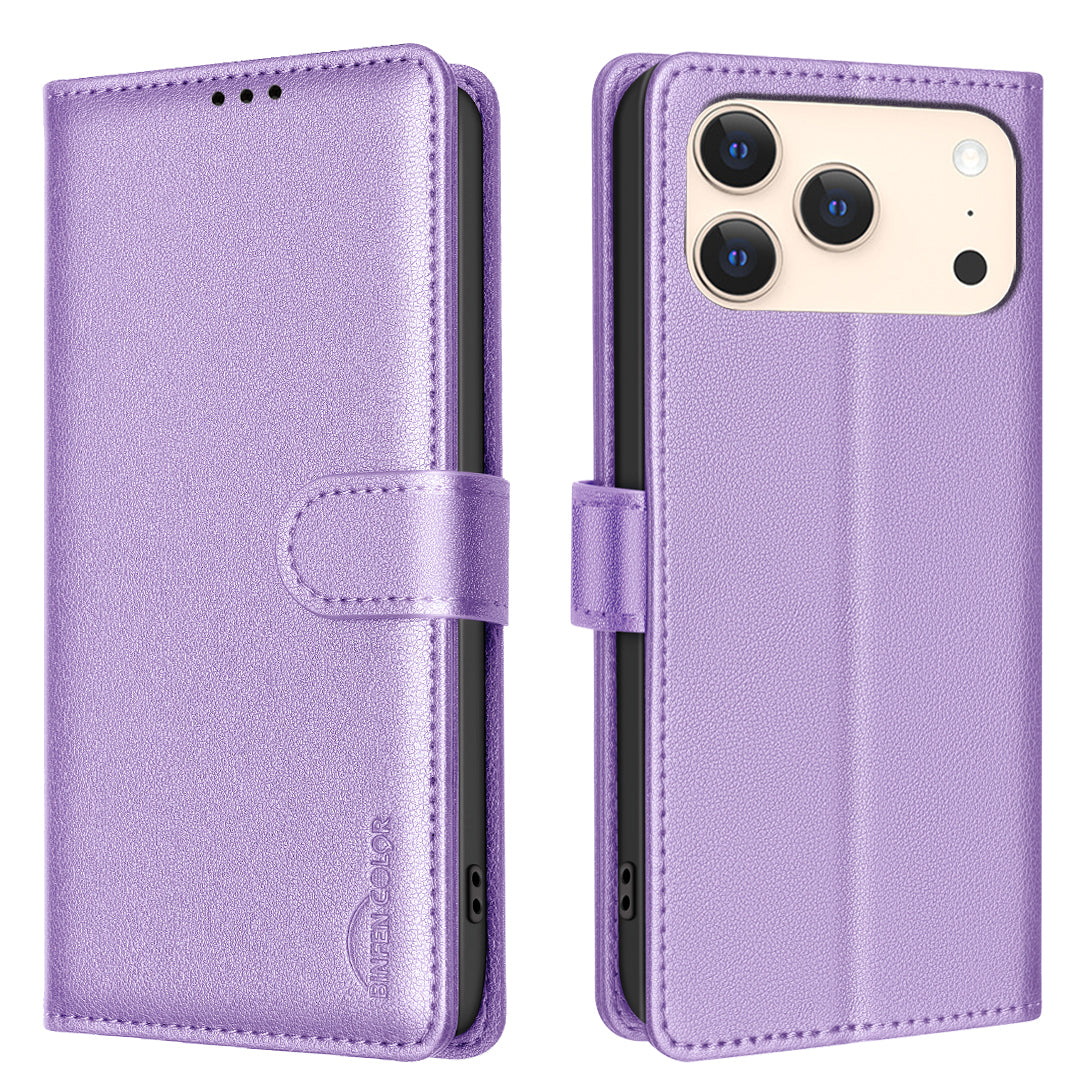 For iPhone 17 Pro Max Leather Case BINFEN COLOR BF32 Wallet RFID Blocking Phone Cover - Purple