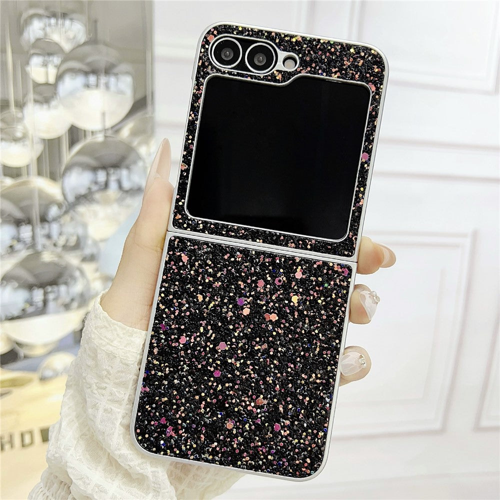 For Samsung Galaxy Z Flip7 FE 5G / Z Flip6 5G Case Rubberized Silver Edge Phantom Glitter Hard PC Phone Cover - Black