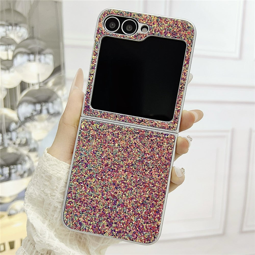 For Samsung Galaxy Z Flip7 FE 5G / Z Flip6 5G Case Rubberized Silver Edge Phantom Glitter Hard PC Phone Cover - Pink