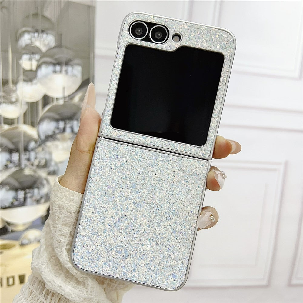 For Samsung Galaxy Z Flip7 FE 5G / Z Flip6 5G Case Rubberized Silver Edge Phantom Glitter Hard PC Phone Cover - White