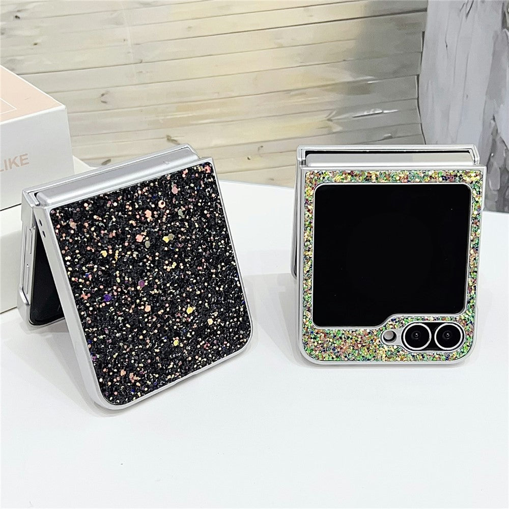 For Samsung Galaxy Z Flip7 FE 5G / Z Flip6 5G Case Rubberized Silver Edge Phantom Glitter Hard PC Phone Cover - White