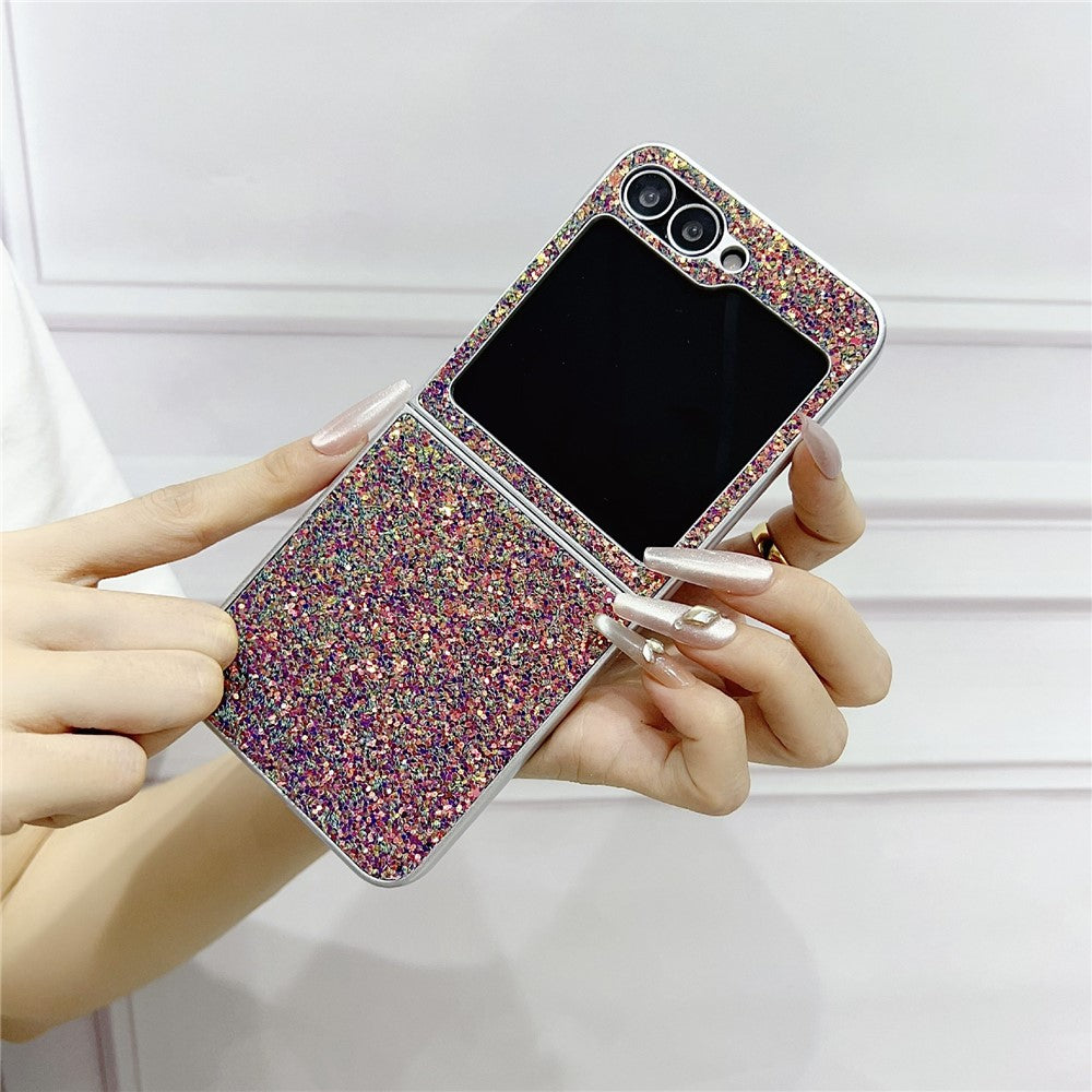 For Samsung Galaxy Z Flip7 FE 5G / Z Flip6 5G Case Rubberized Silver Edge Phantom Glitter Hard PC Phone Cover - White