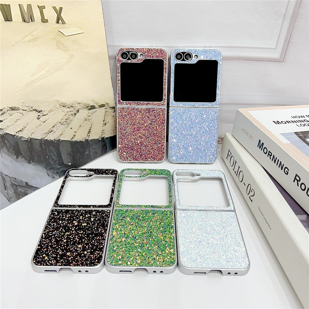 For Samsung Galaxy Z Flip7 FE 5G / Z Flip6 5G Case Rubberized Silver Edge Phantom Glitter Hard PC Phone Cover - White