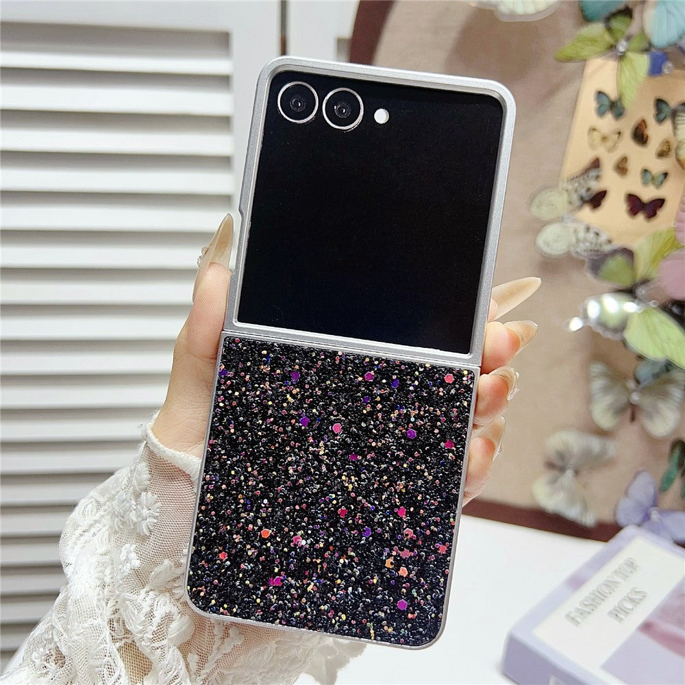 For Samsung Galaxy Z Flip7 5G Case Rubberized Silver Edge Phantom Glitter Hard PC Phone Cover - Black