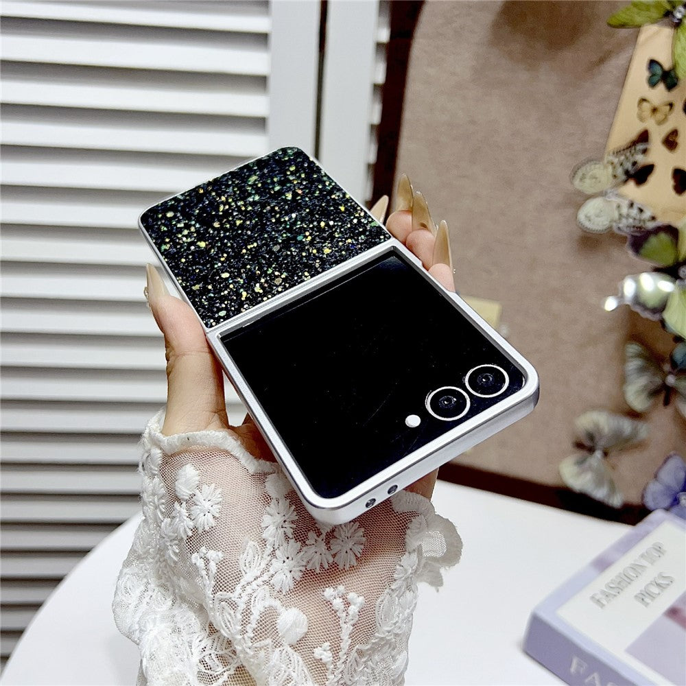 For Samsung Galaxy Z Flip7 5G Case Rubberized Silver Edge Phantom Glitter Hard PC Phone Cover - Black