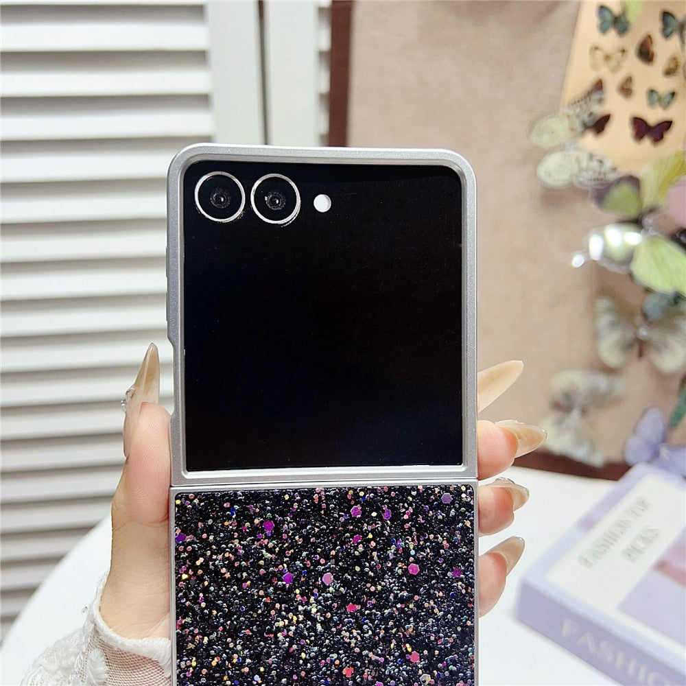 For Samsung Galaxy Z Flip7 5G Case Rubberized Silver Edge Phantom Glitter Hard PC Phone Cover - Black
