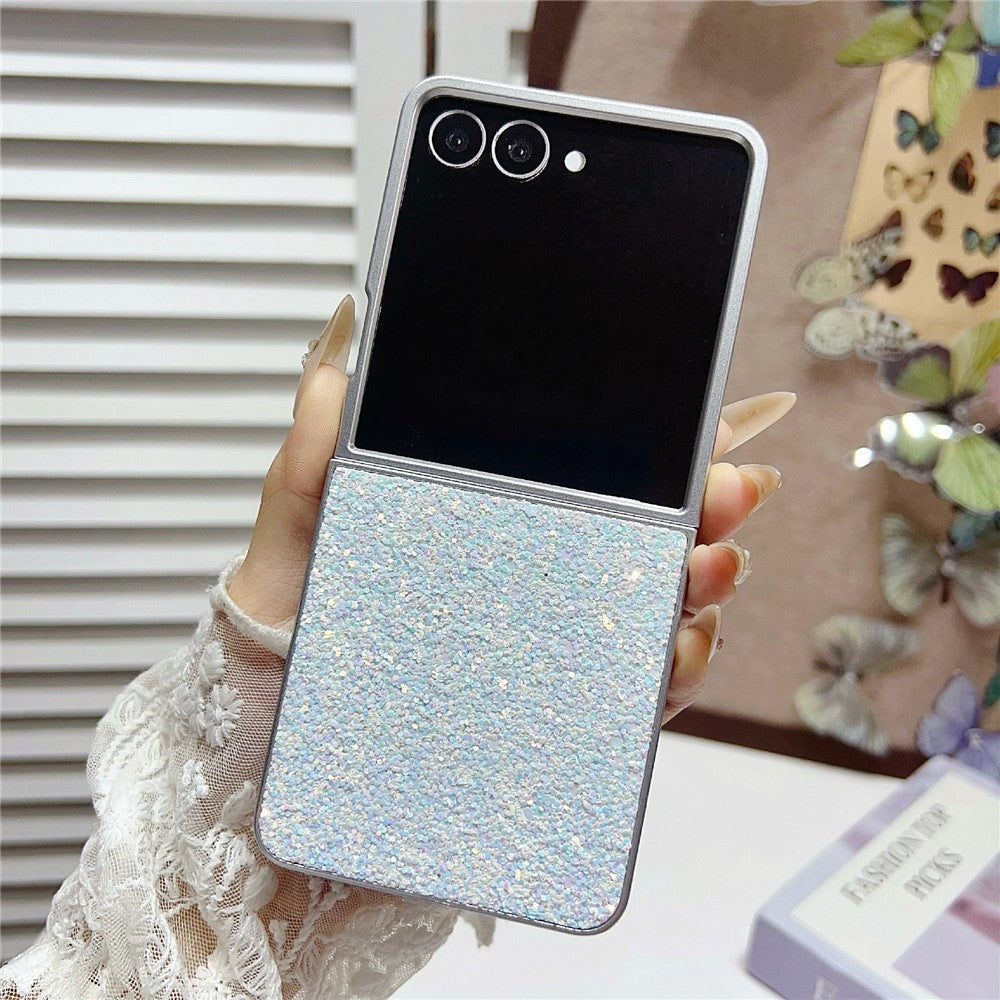 For Samsung Galaxy Z Flip7 5G Case Rubberized Silver Edge Phantom Glitter Hard PC Phone Cover - White