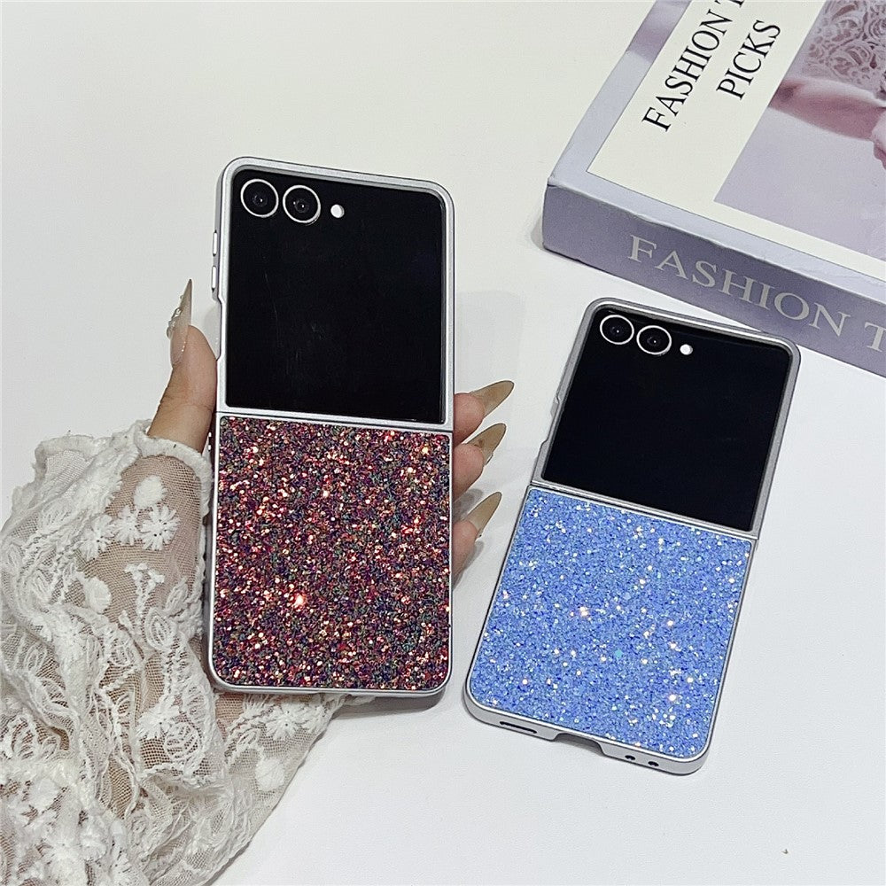 For Samsung Galaxy Z Flip7 5G Case Rubberized Silver Edge Phantom Glitter Hard PC Phone Cover - White