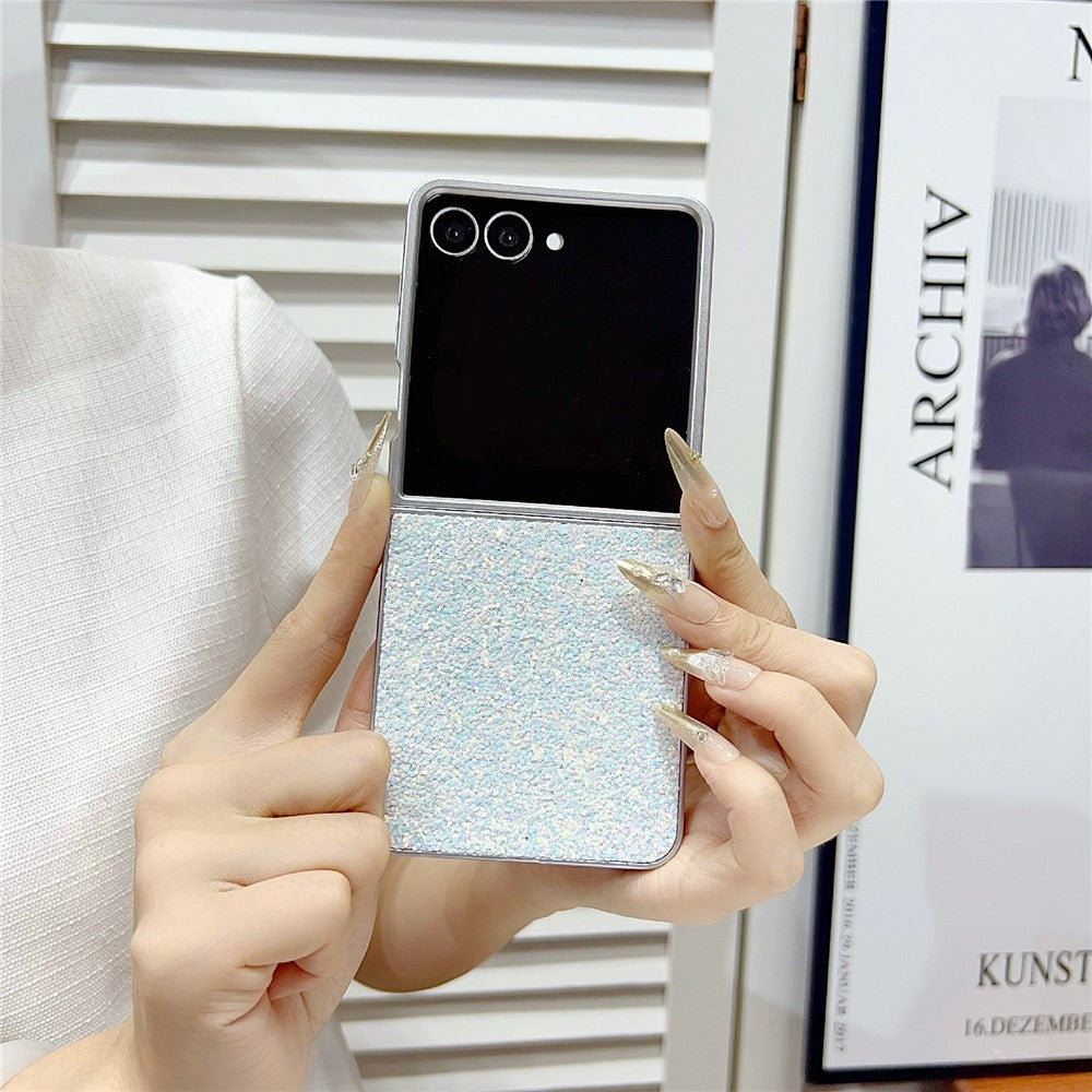 For Samsung Galaxy Z Flip7 5G Case Rubberized Silver Edge Phantom Glitter Hard PC Phone Cover - White