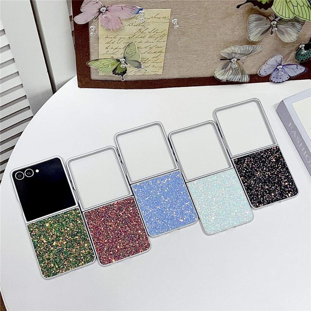 For Samsung Galaxy Z Flip7 5G Case Rubberized Silver Edge Phantom Glitter Hard PC Phone Cover - White