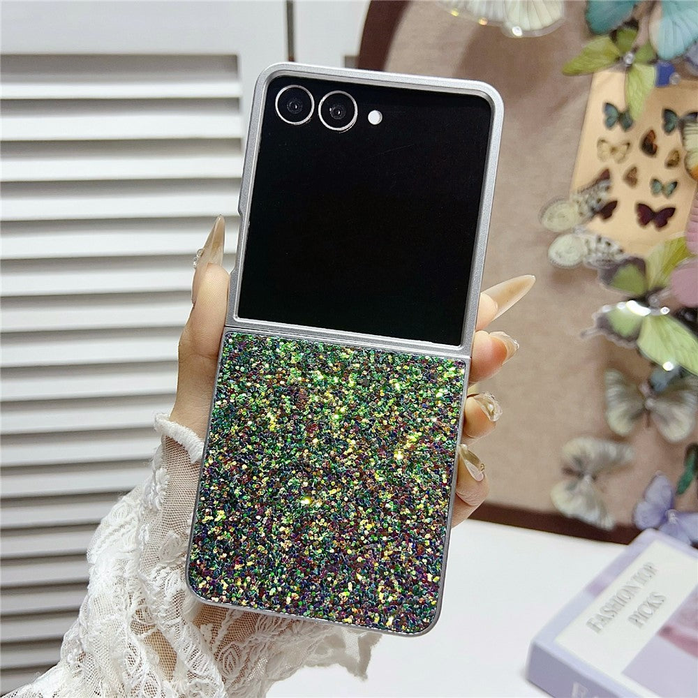 For Samsung Galaxy Z Flip7 5G Case Rubberized Silver Edge Phantom Glitter Hard PC Phone Cover - Green