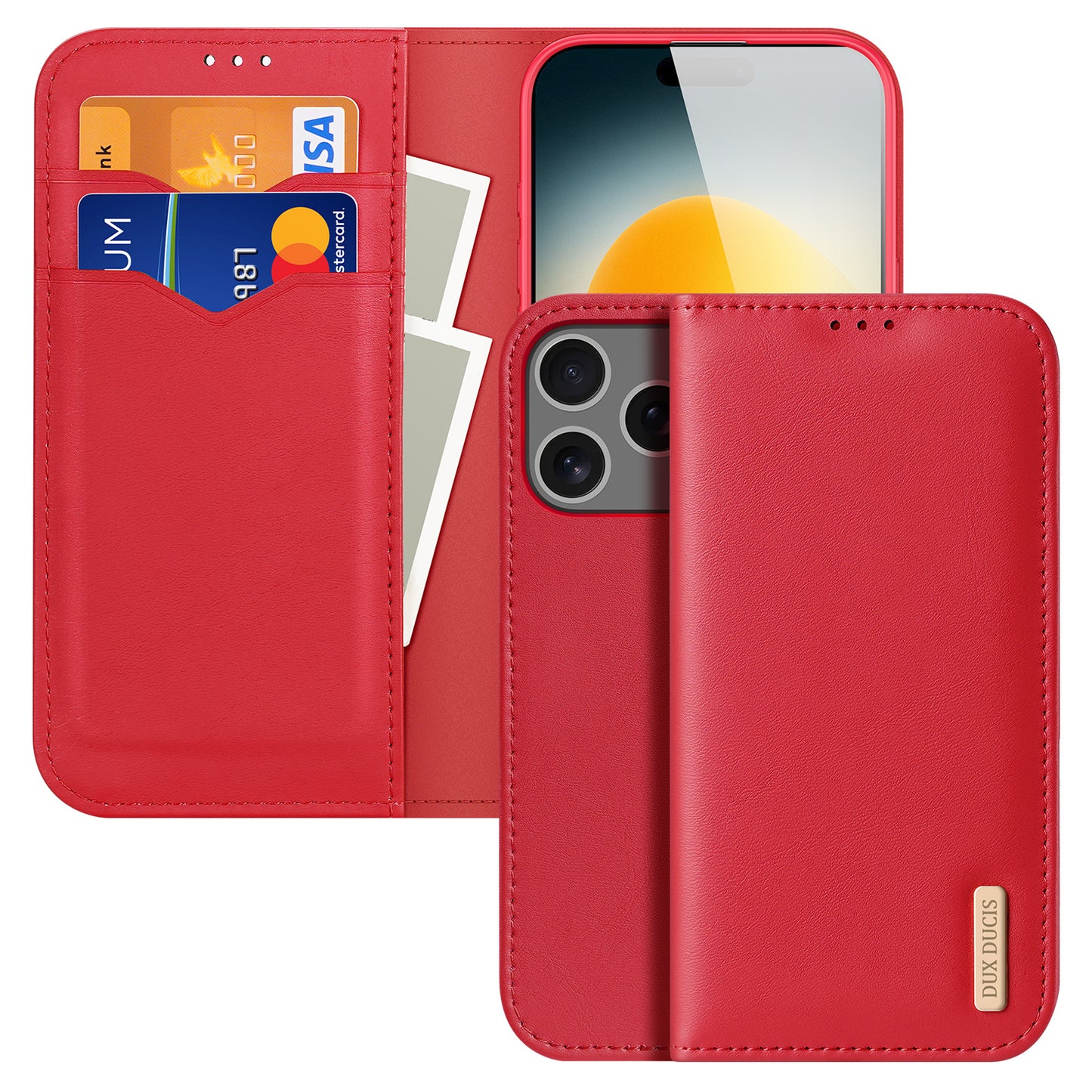 For iPhone 17 Pro Max Case DUX DUCIS Hivo Series Cowhide Leather RFID Blocking Wallet Stand Flip Phone Cover - Red