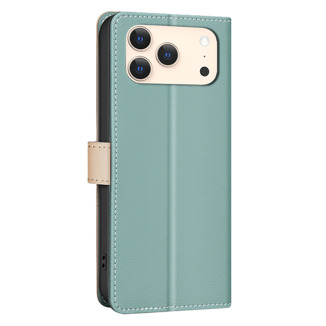 For iPhone 17 Pro Max Leather Case BINFEN COLOR Splicing Color RFID Blocking Wallet Stand Phone Cover - Green