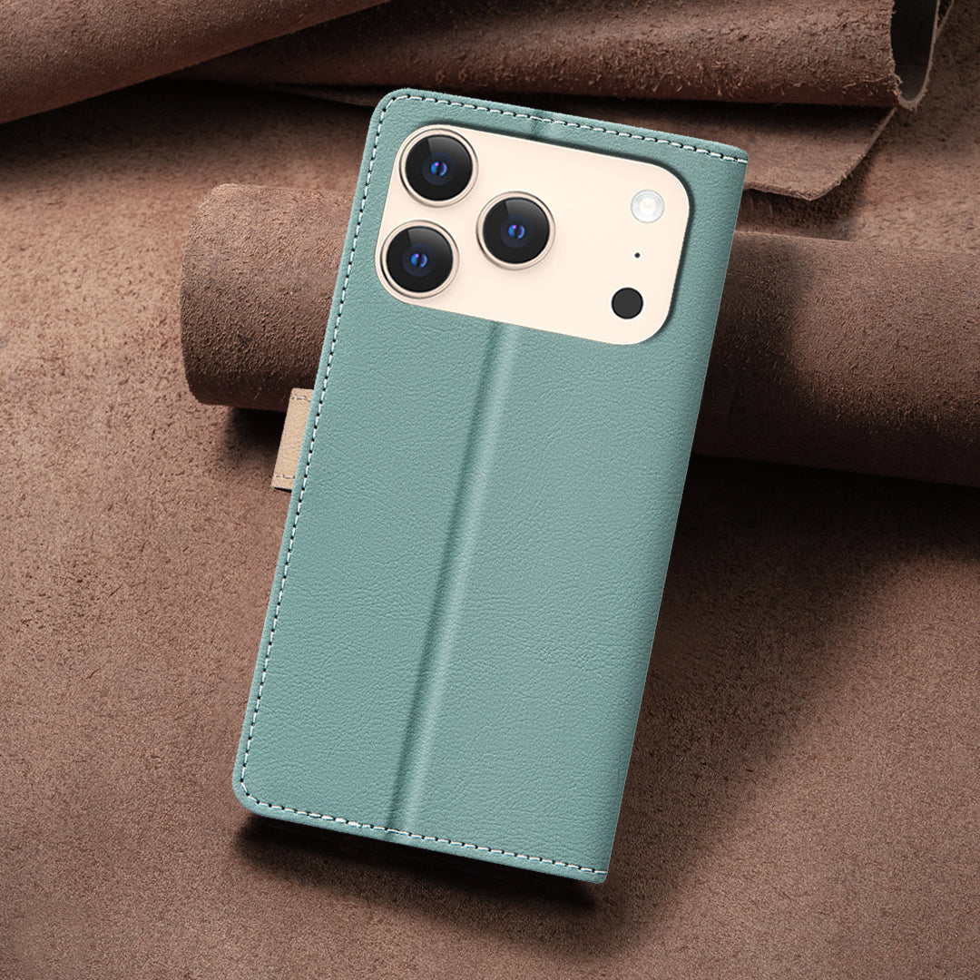 For iPhone 17 Pro Max Leather Case BINFEN COLOR Splicing Color RFID Blocking Wallet Stand Phone Cover - Green