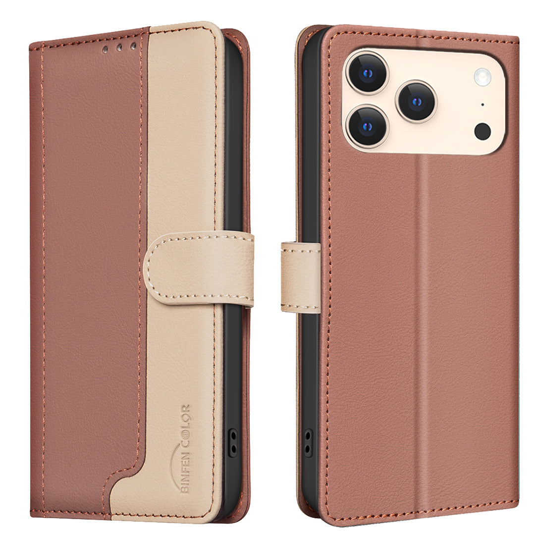 For iPhone 17 Pro Max Leather Case BINFEN COLOR Splicing Color RFID Blocking Wallet Stand Phone Cover - Brown