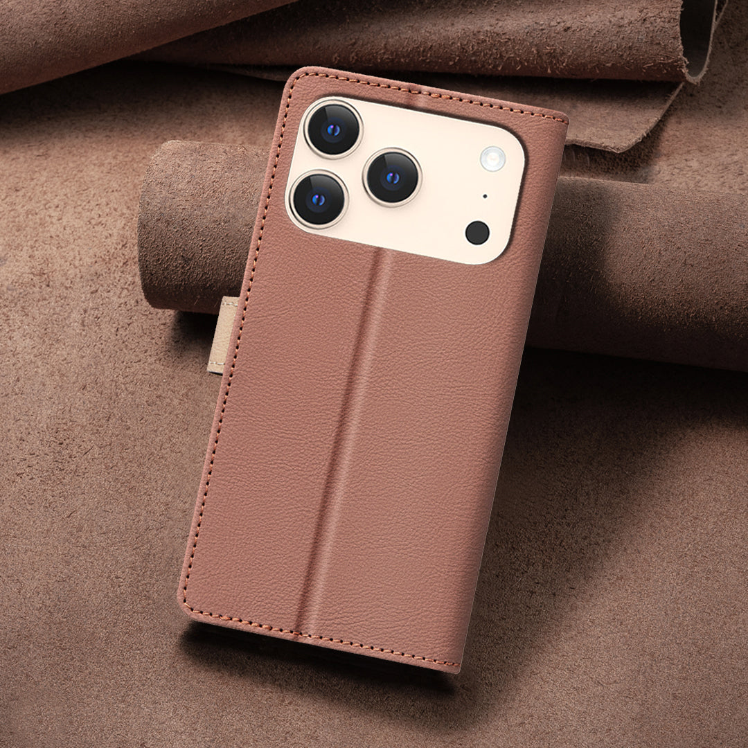 For iPhone 17 Pro Max Leather Case BINFEN COLOR Splicing Color RFID Blocking Wallet Stand Phone Cover - Brown