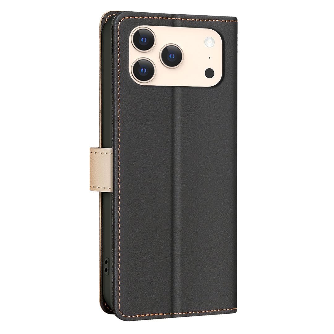For iPhone 17 Pro Max Leather Case BINFEN COLOR Splicing Color RFID Blocking Wallet Stand Phone Cover - Black
