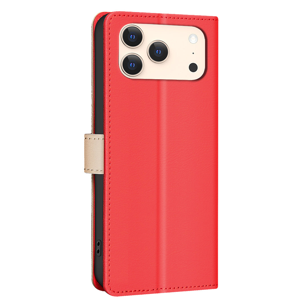 For iPhone 17 Pro Max Leather Case BINFEN COLOR Splicing Color RFID Blocking Wallet Stand Phone Cover - Red