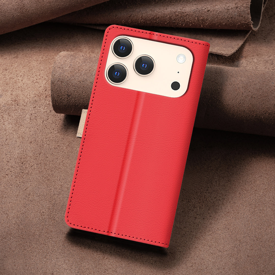 For iPhone 17 Pro Max Leather Case BINFEN COLOR Splicing Color RFID Blocking Wallet Stand Phone Cover - Red