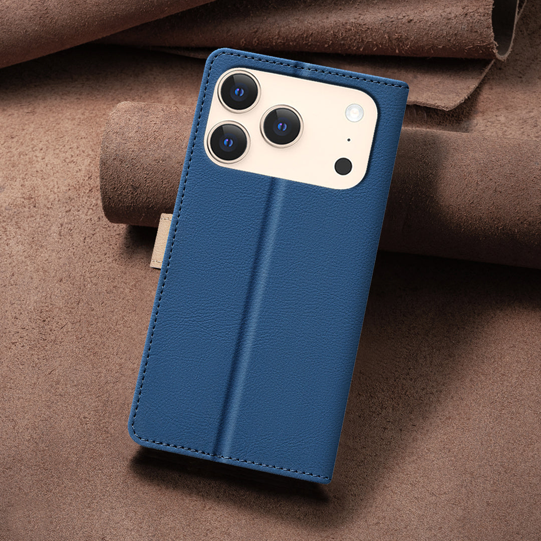 For iPhone 17 Pro Max Leather Case BINFEN COLOR Splicing Color RFID Blocking Wallet Stand Phone Cover - Blue