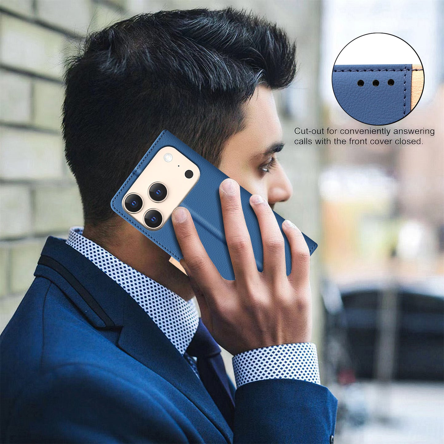 For iPhone 17 Pro Max Leather Case BINFEN COLOR Splicing Color RFID Blocking Wallet Stand Phone Cover - Blue