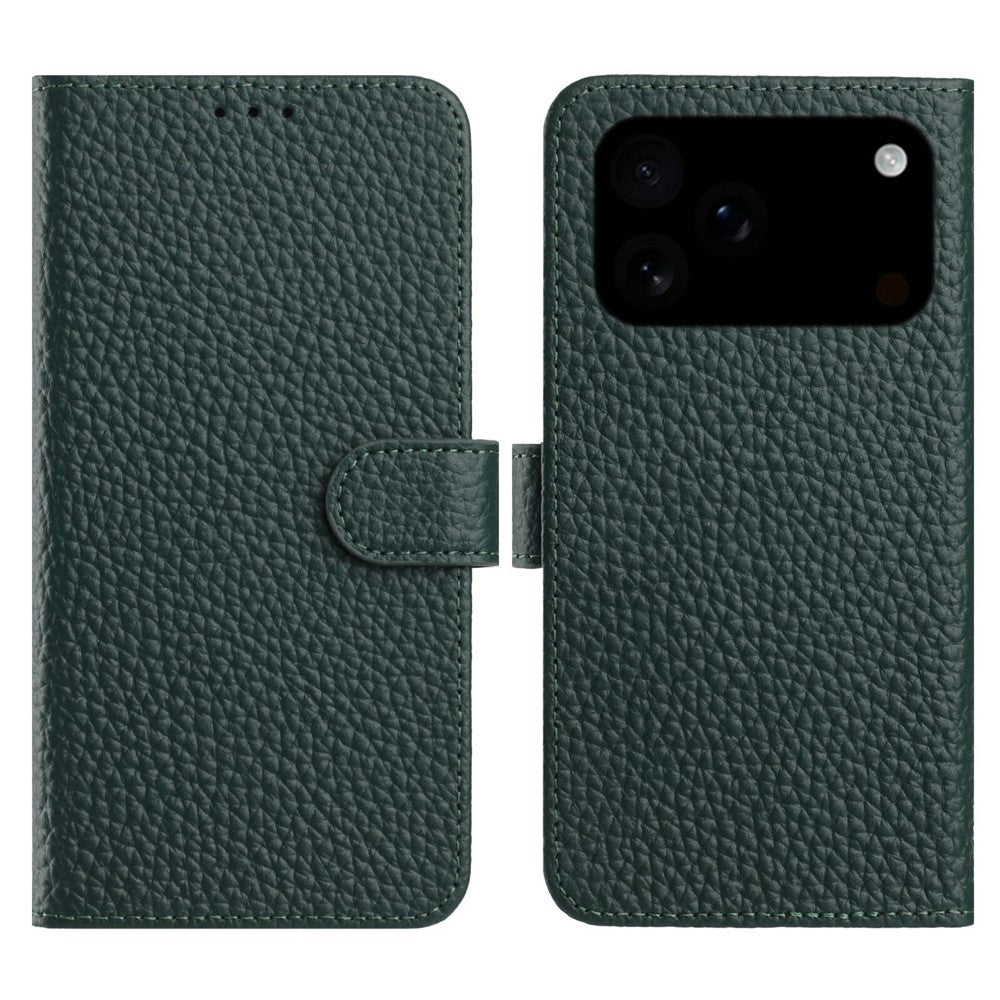 For iPhone 17 Pro Max Case Wallet Stand Litchi Texture Genuine Cow Leather Flip Phone Cover - Green