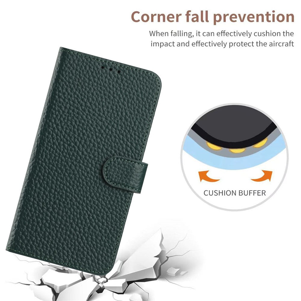 For iPhone 17 Pro Max Case Wallet Stand Litchi Texture Genuine Cow Leather Flip Phone Cover - Green