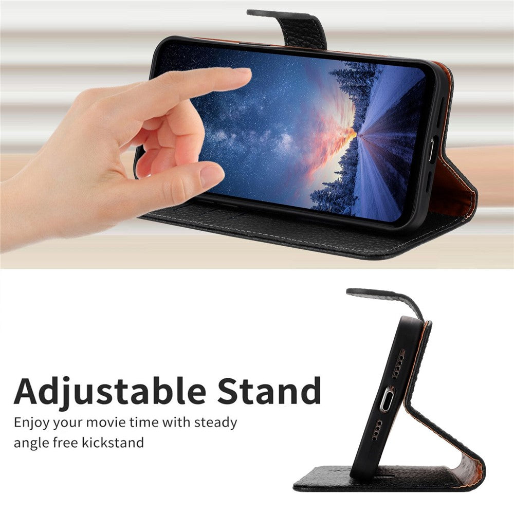 For iPhone 17 Pro Max Case Wallet Stand Litchi Texture Genuine Cow Leather Flip Phone Cover - Black