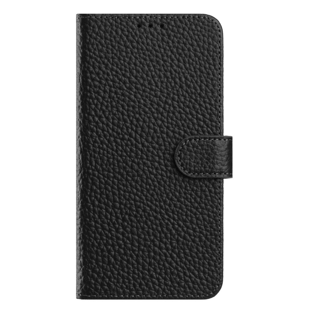 For iPhone 17 Pro Max Case Wallet Stand Litchi Texture Genuine Cow Leather Flip Phone Cover - Black