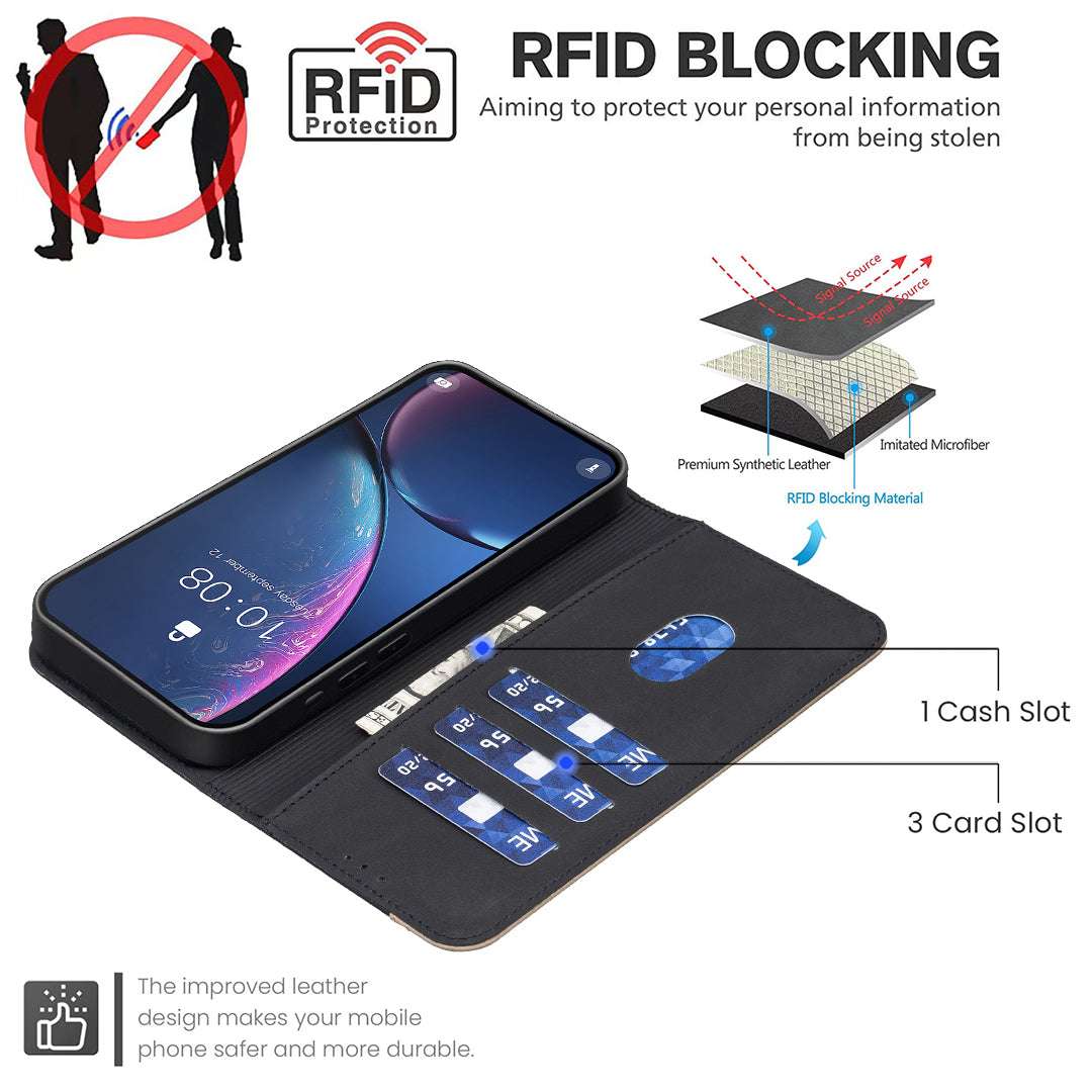 For iPhone 17 Pro Max Leather Case BINFEN COLOR BF36 Floral Pattern Phone Cover RFID Blocking Wallet Stand - Black