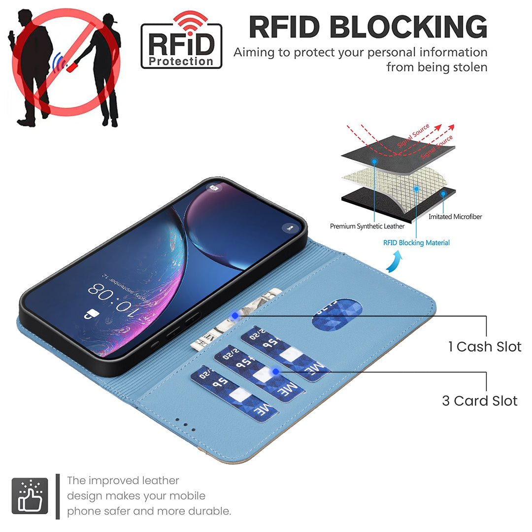 For iPhone 17 Pro Max Leather Case BINFEN COLOR BF36 Floral Pattern Phone Cover RFID Blocking Wallet Stand - Baby Blue