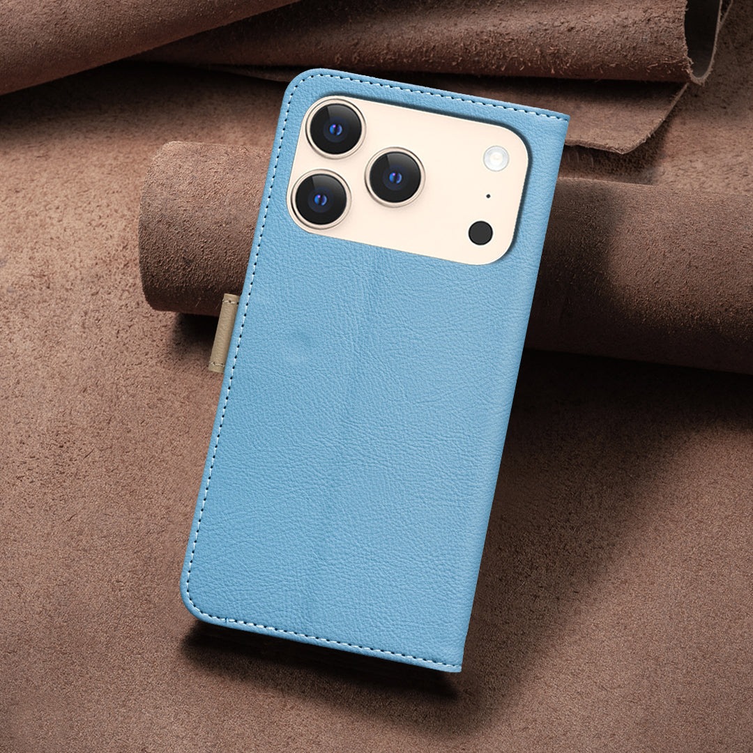 For iPhone 17 Pro Max Leather Case BINFEN COLOR BF36 Floral Pattern Phone Cover RFID Blocking Wallet Stand - Baby Blue