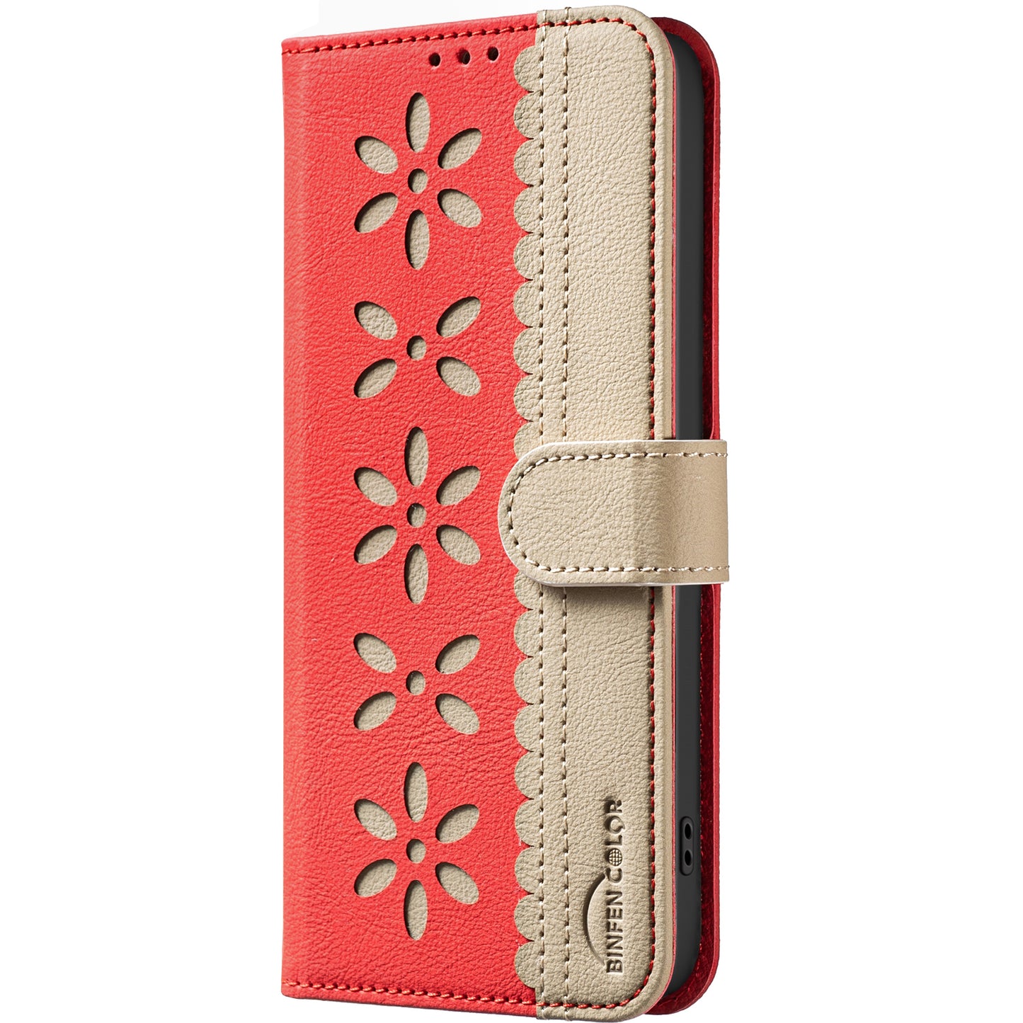 For iPhone 17 Pro Max Leather Case BINFEN COLOR BF36 Floral Pattern Phone Cover RFID Blocking Wallet Stand - Red