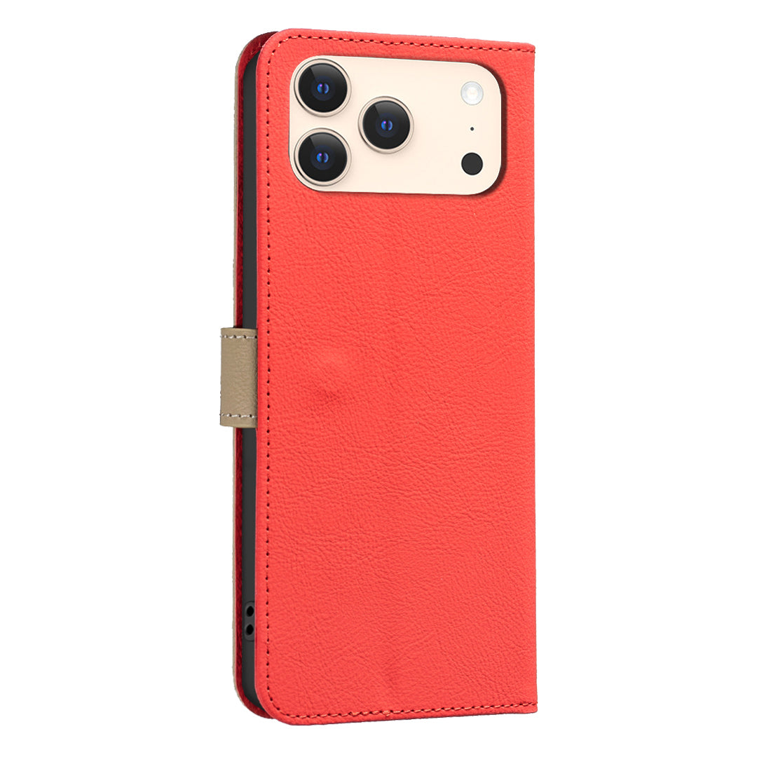 For iPhone 17 Pro Max Leather Case BINFEN COLOR BF36 Floral Pattern Phone Cover RFID Blocking Wallet Stand - Red