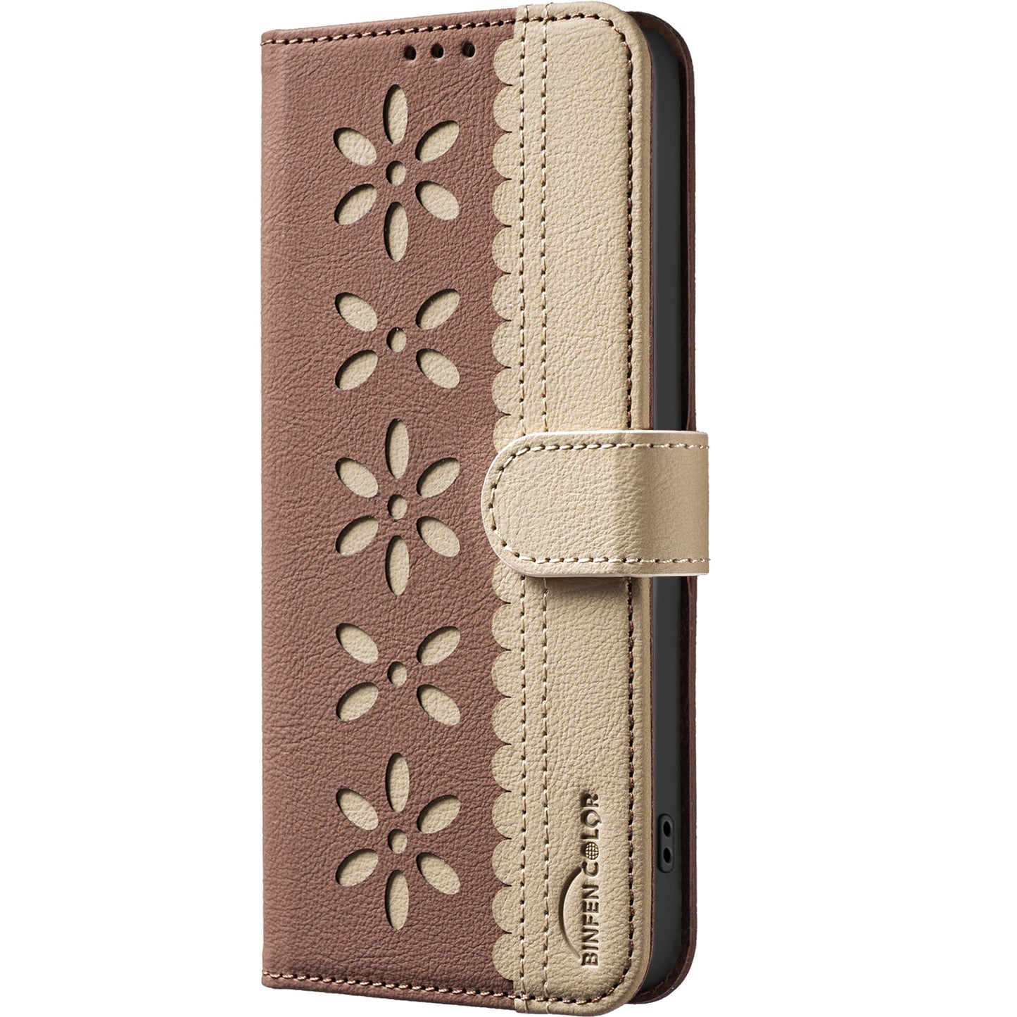 For iPhone 17 Pro Max Leather Case BINFEN COLOR BF36 Floral Pattern Phone Cover RFID Blocking Wallet Stand - Brown