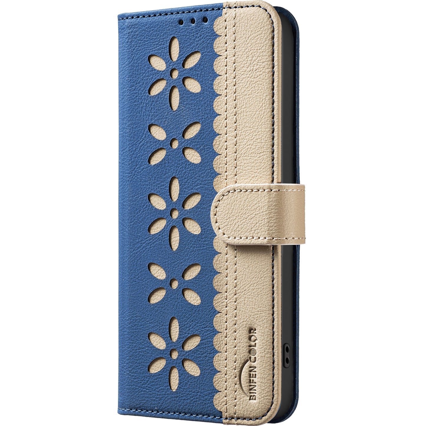 For iPhone 17 Pro Max Leather Case BINFEN COLOR BF36 Floral Pattern Phone Cover RFID Blocking Wallet Stand - Dark Blue