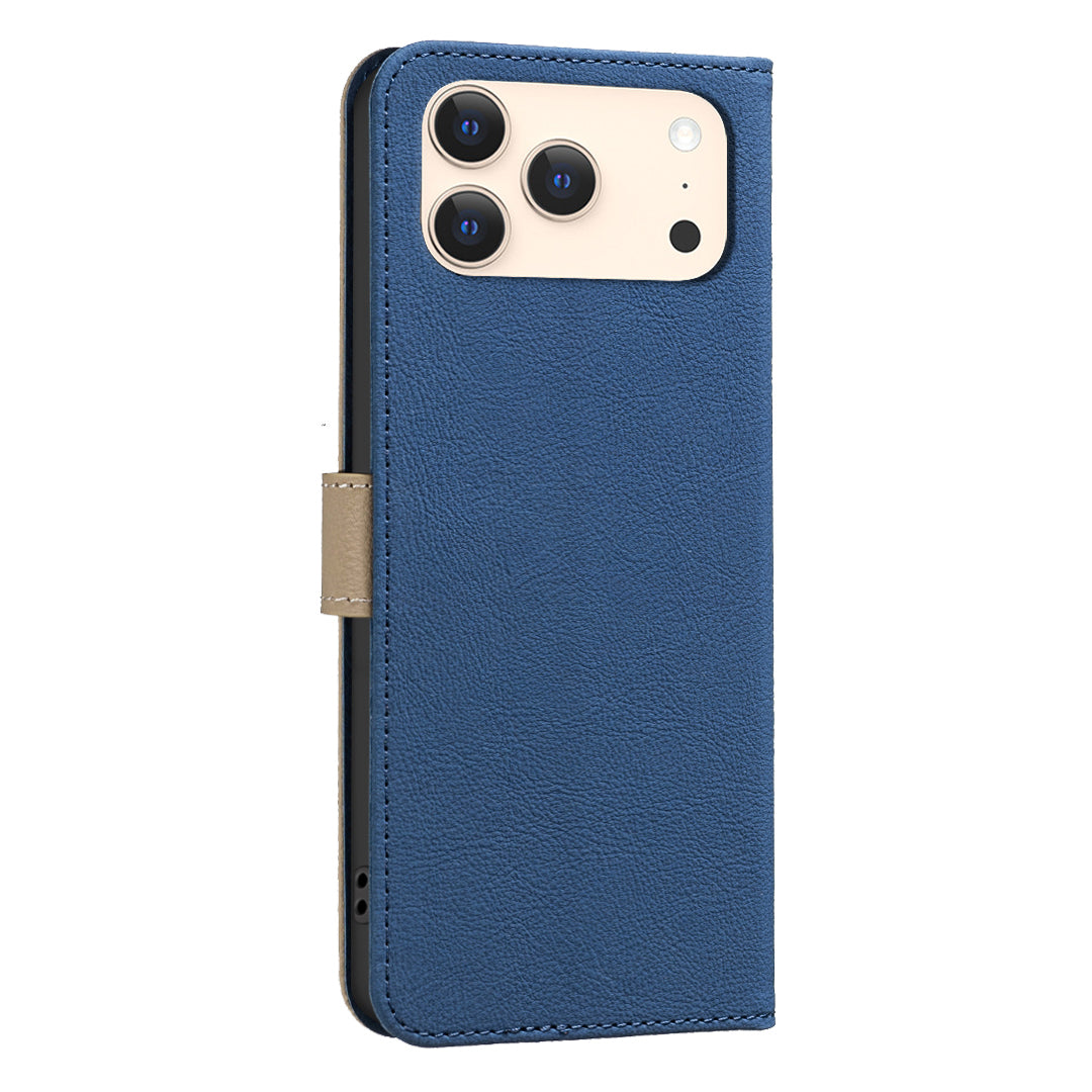 For iPhone 17 Pro Max Leather Case BINFEN COLOR BF36 Floral Pattern Phone Cover RFID Blocking Wallet Stand - Dark Blue