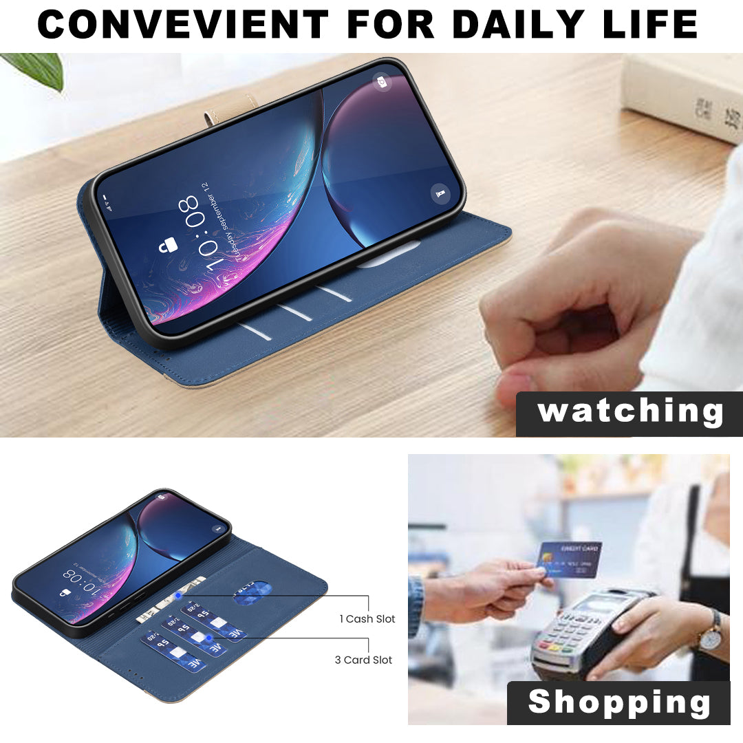 For iPhone 17 Pro Max Leather Case BINFEN COLOR BF36 Floral Pattern Phone Cover RFID Blocking Wallet Stand - Dark Blue