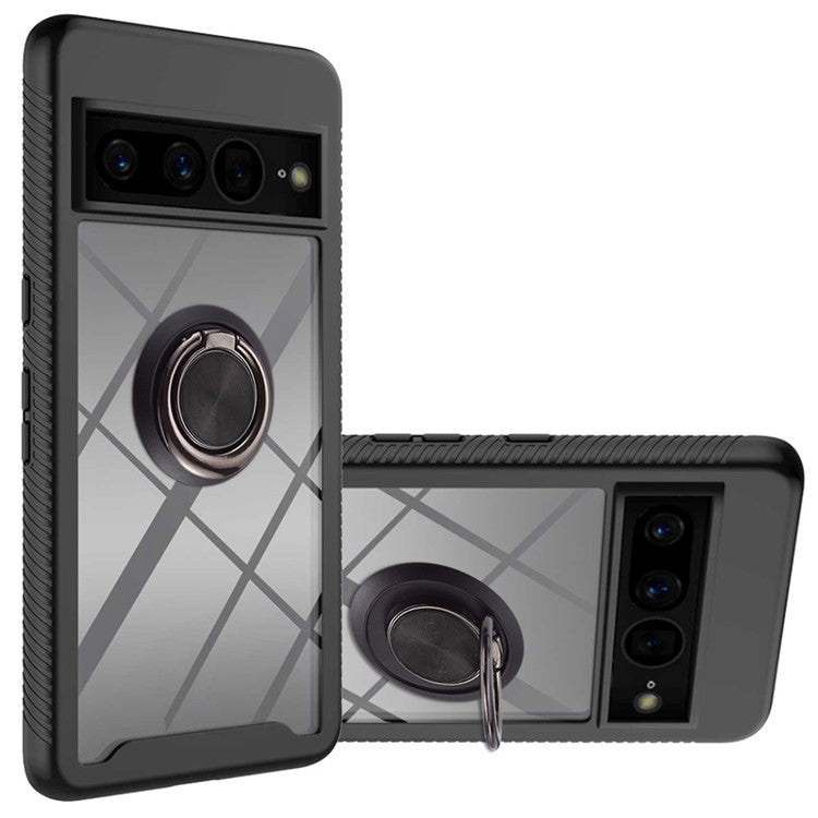 YB PC Series-5 For Google Pixel 7 Pro 5G Ring Holder Kickstand Crystal Clear Case Hard PC Soft TPU Detachable Dual Layer Phone Cover - Black