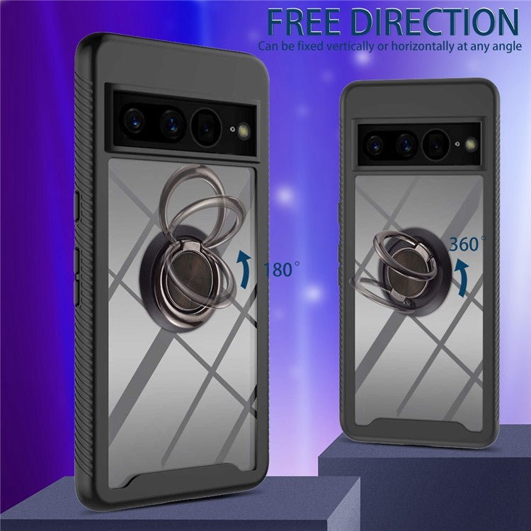 YB PC Series-5 For Google Pixel 7 Pro 5G Ring Holder Kickstand Crystal Clear Case Hard PC Soft TPU Detachable Dual Layer Phone Cover - Black
