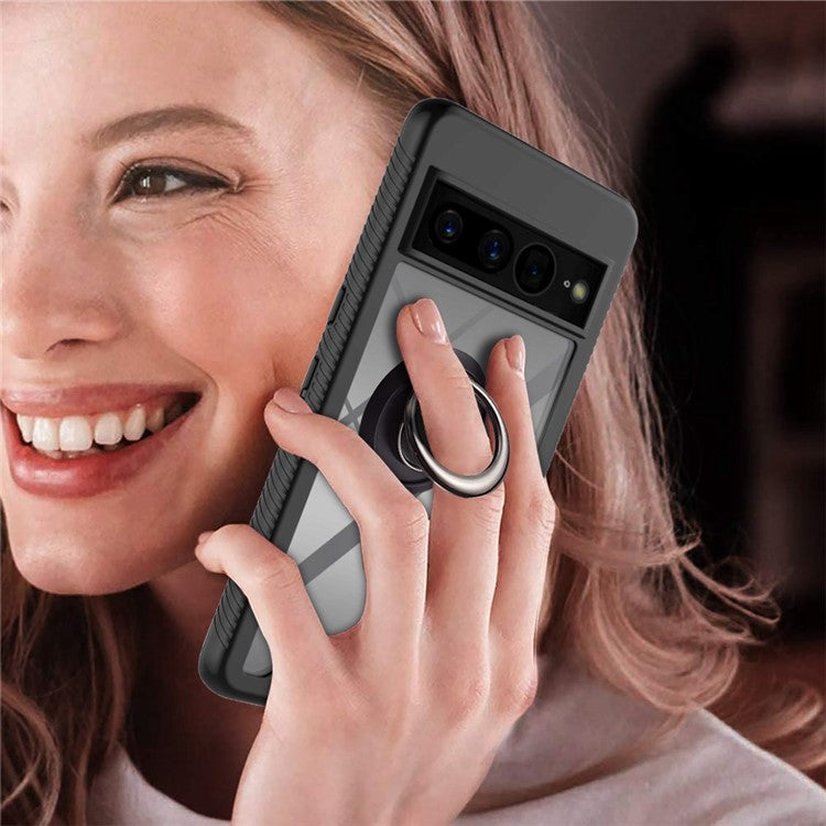 YB PC Series-5 For Google Pixel 7 Pro 5G Ring Holder Kickstand Crystal Clear Case Hard PC Soft TPU Detachable Dual Layer Phone Cover - Black