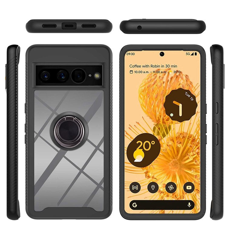 YB PC Series-5 For Google Pixel 7 Pro 5G Ring Holder Kickstand Crystal Clear Case Hard PC Soft TPU Detachable Dual Layer Phone Cover - Black