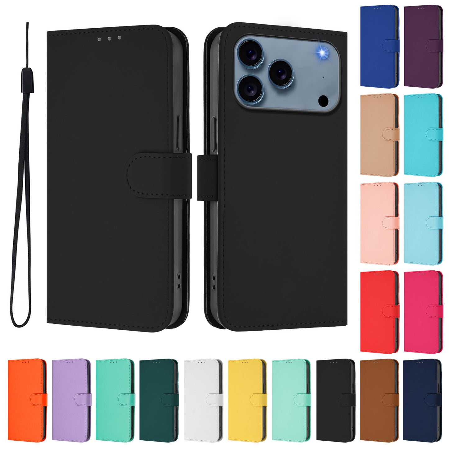 For iPhone 17 Pro Max Case Solid Color Wallet Leather Phone Cover with Strap - Black