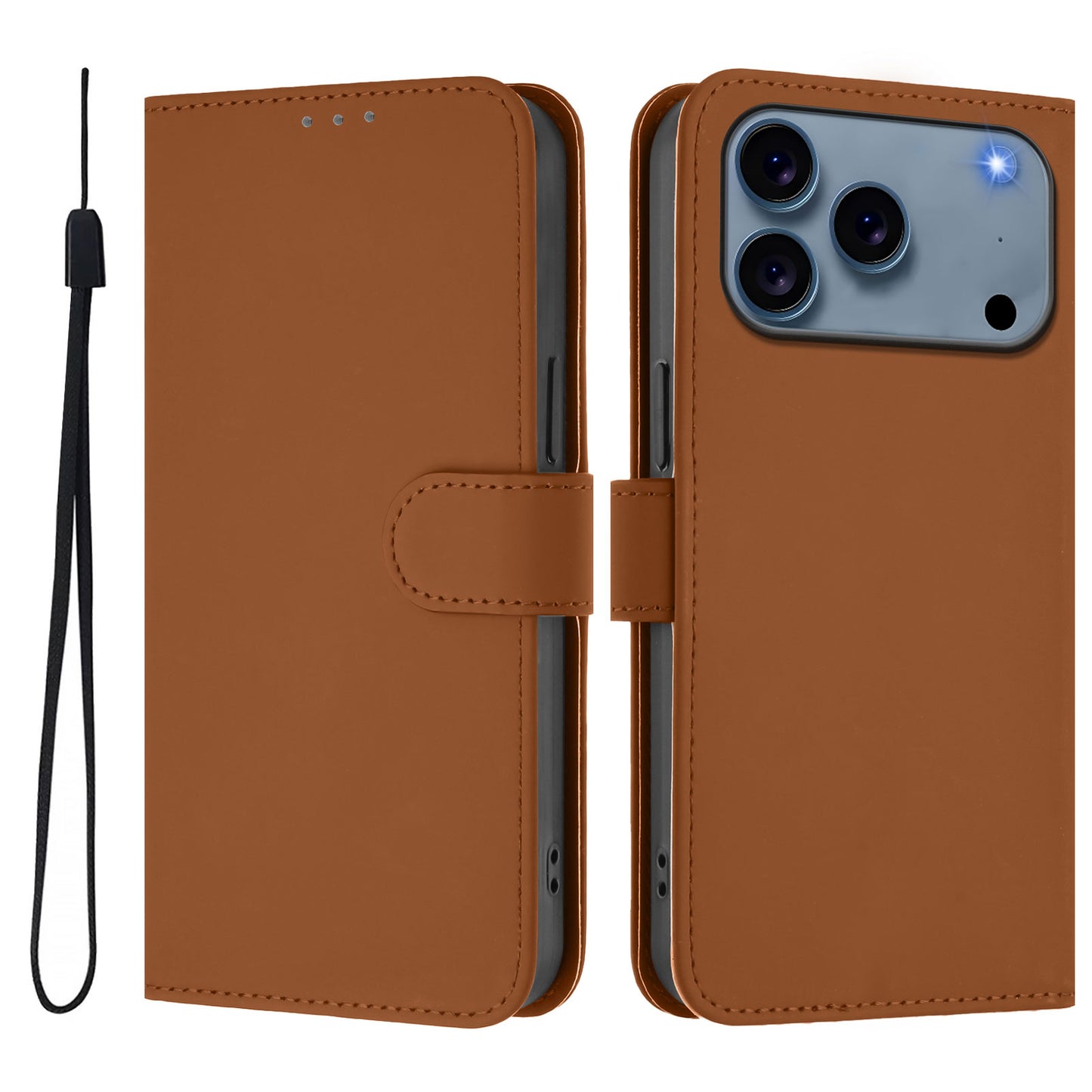 For iPhone 17 Pro Max Case Solid Color Wallet Leather Phone Cover with Strap - Brown