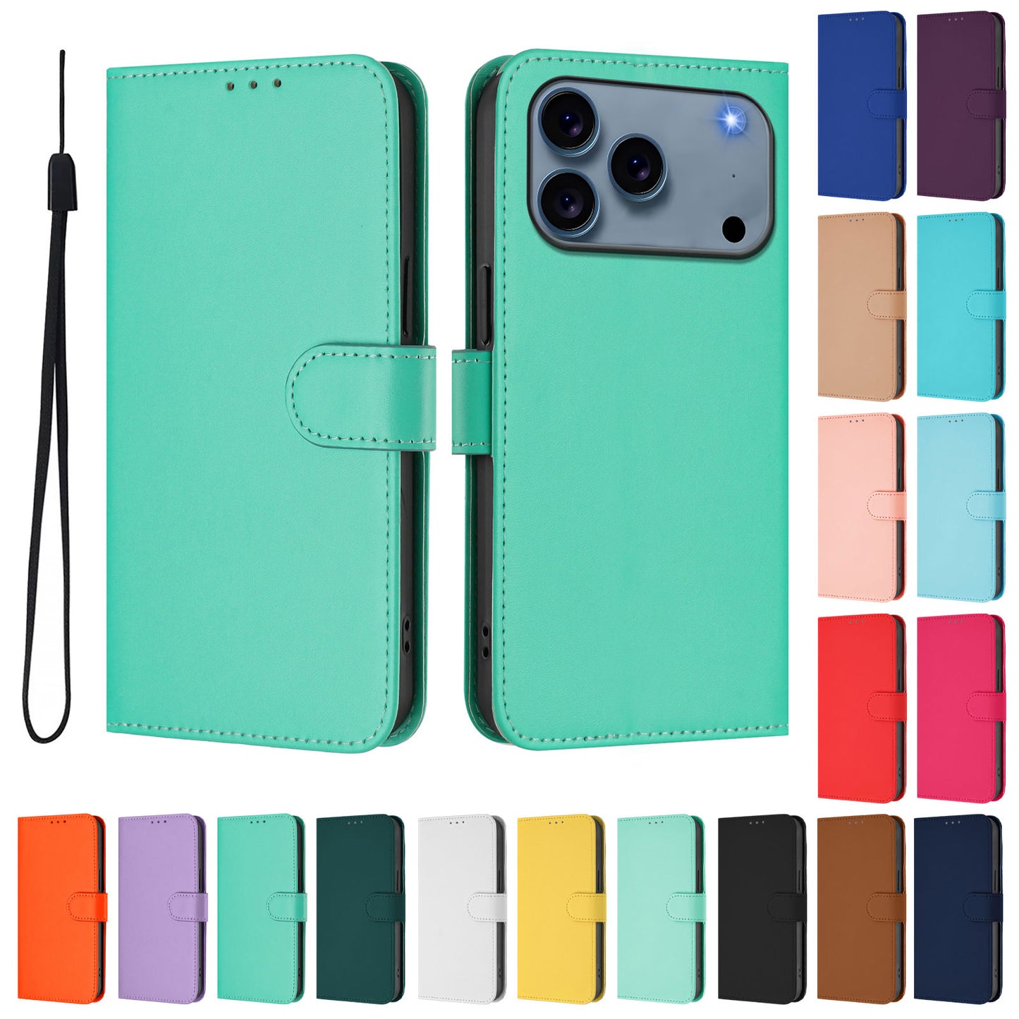 For iPhone 17 Pro Max Case Solid Color Wallet Leather Phone Cover with Strap - Green